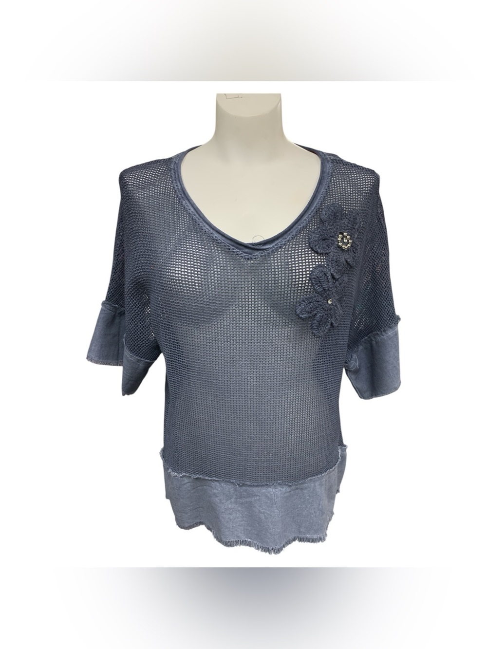 Elena Exclusively Blue Crochet Knit V-Neck Floral Accent Top Size S
